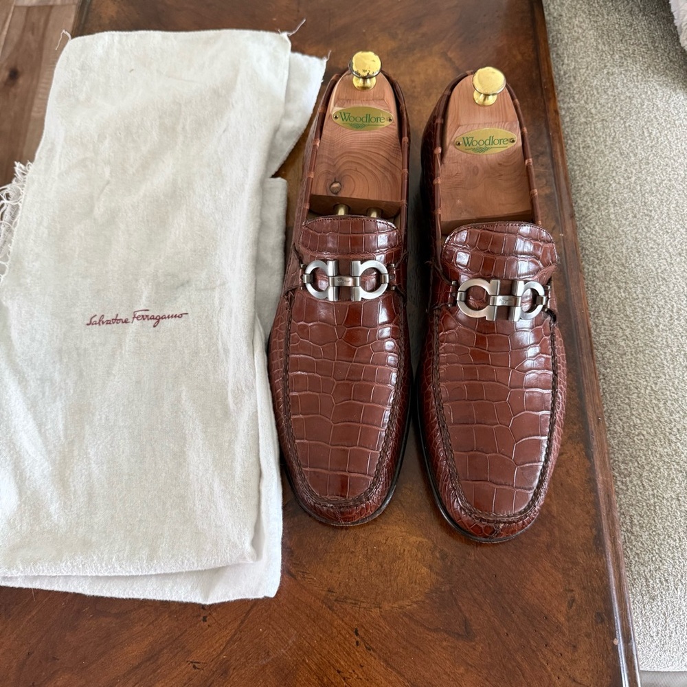 Salvatore Ferragamo Brown Crocodile-Embossed Loafers